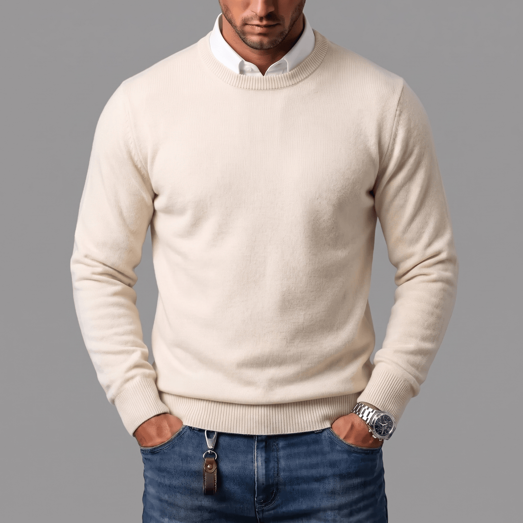 Men's Cotton Wool Blend Crewneck Jumper with Ribbed Cuffs