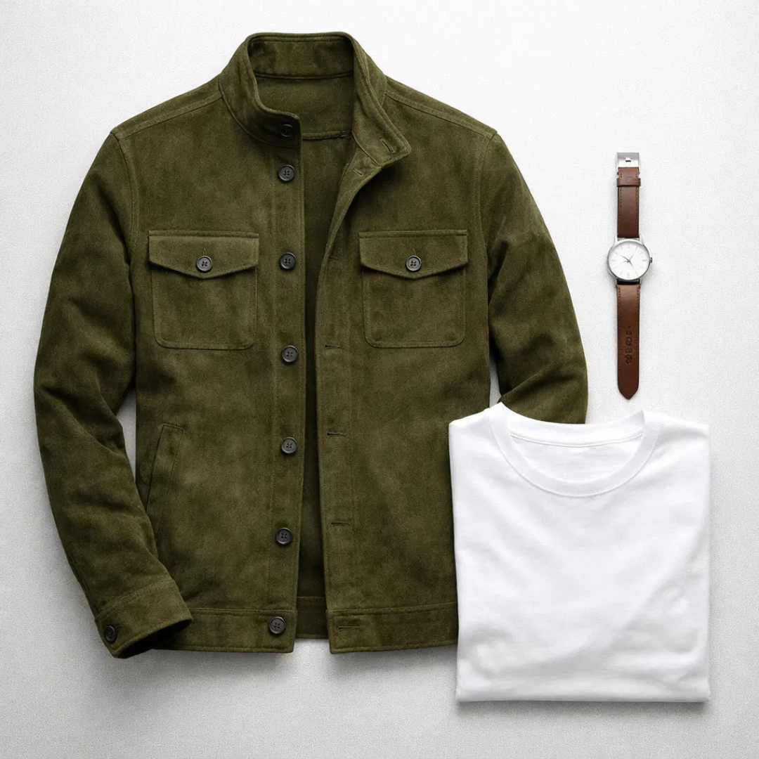Men's Suede Jacket with Chest Flap Pockets