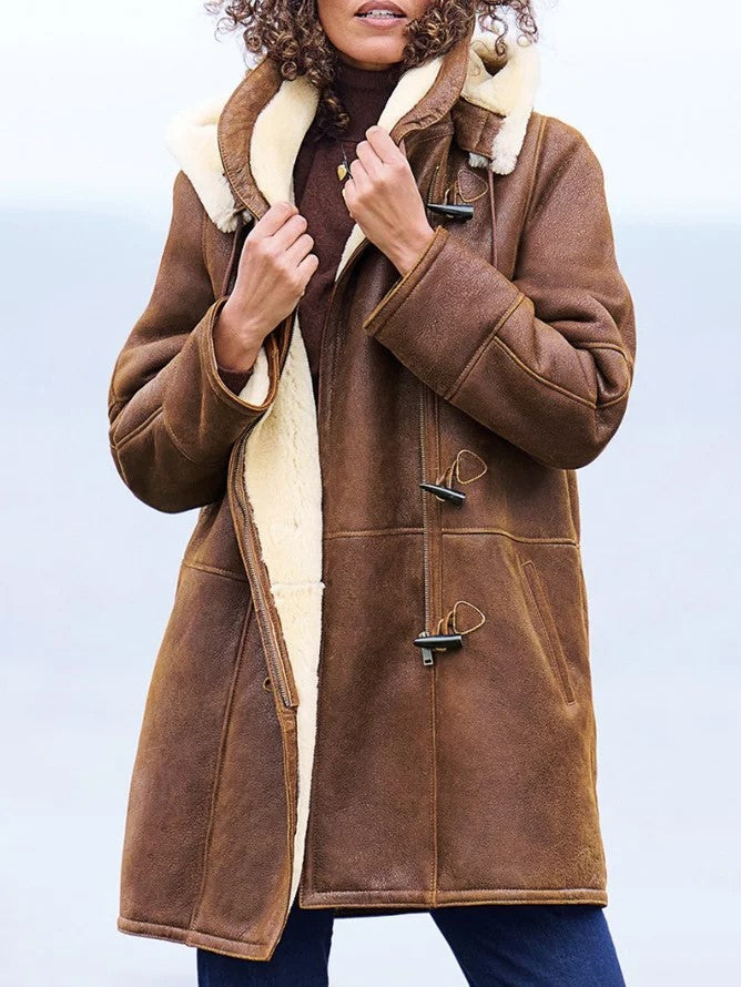 Women's Shearling-Lined Duffle Coat with Toggle Closures