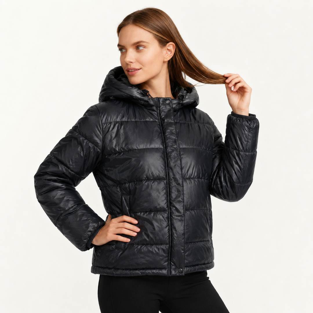 Women's Glossy Puffer Jacket with Hood in Oversized Fit