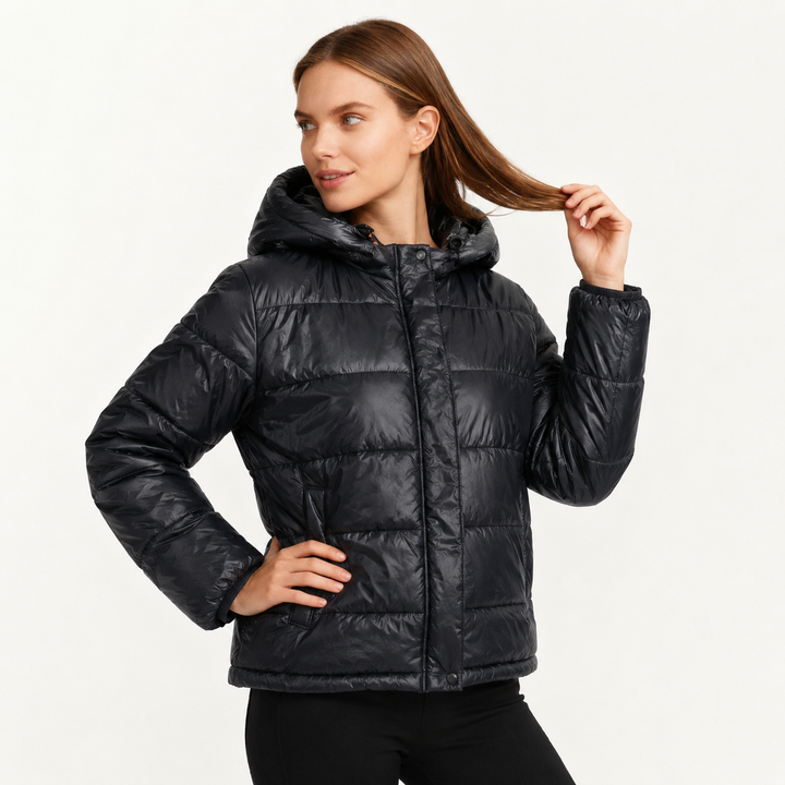 Women's Glossy Puffer Jacket with Hood in Oversized Fit