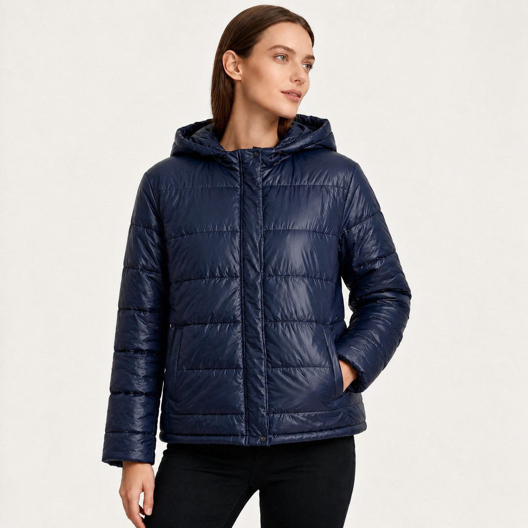 Women's Glossy Puffer Jacket with Hood in Oversized Fit