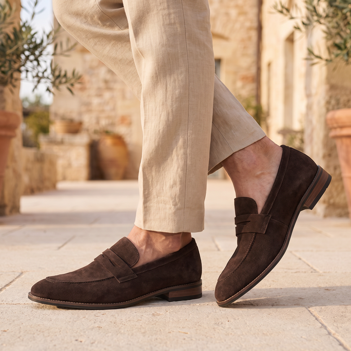 Men's Nubuck Penny Loafers with Saddle Strap