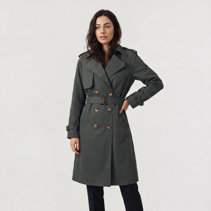 Women's Belted Trench Coat with Wide Notched Lapels