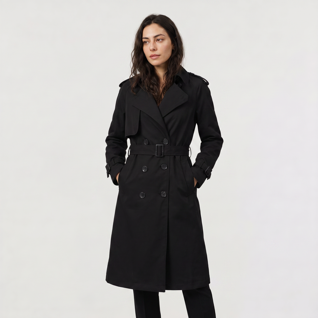 Women's Belted Trench Coat with Wide Notched Lapels