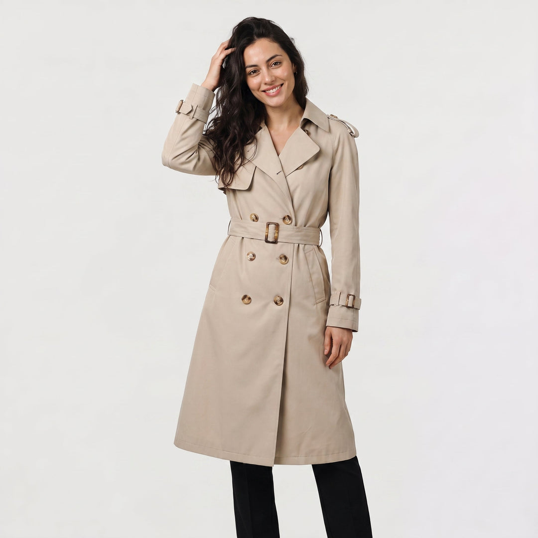 Women's Belted Trench Coat with Wide Notched Lapels