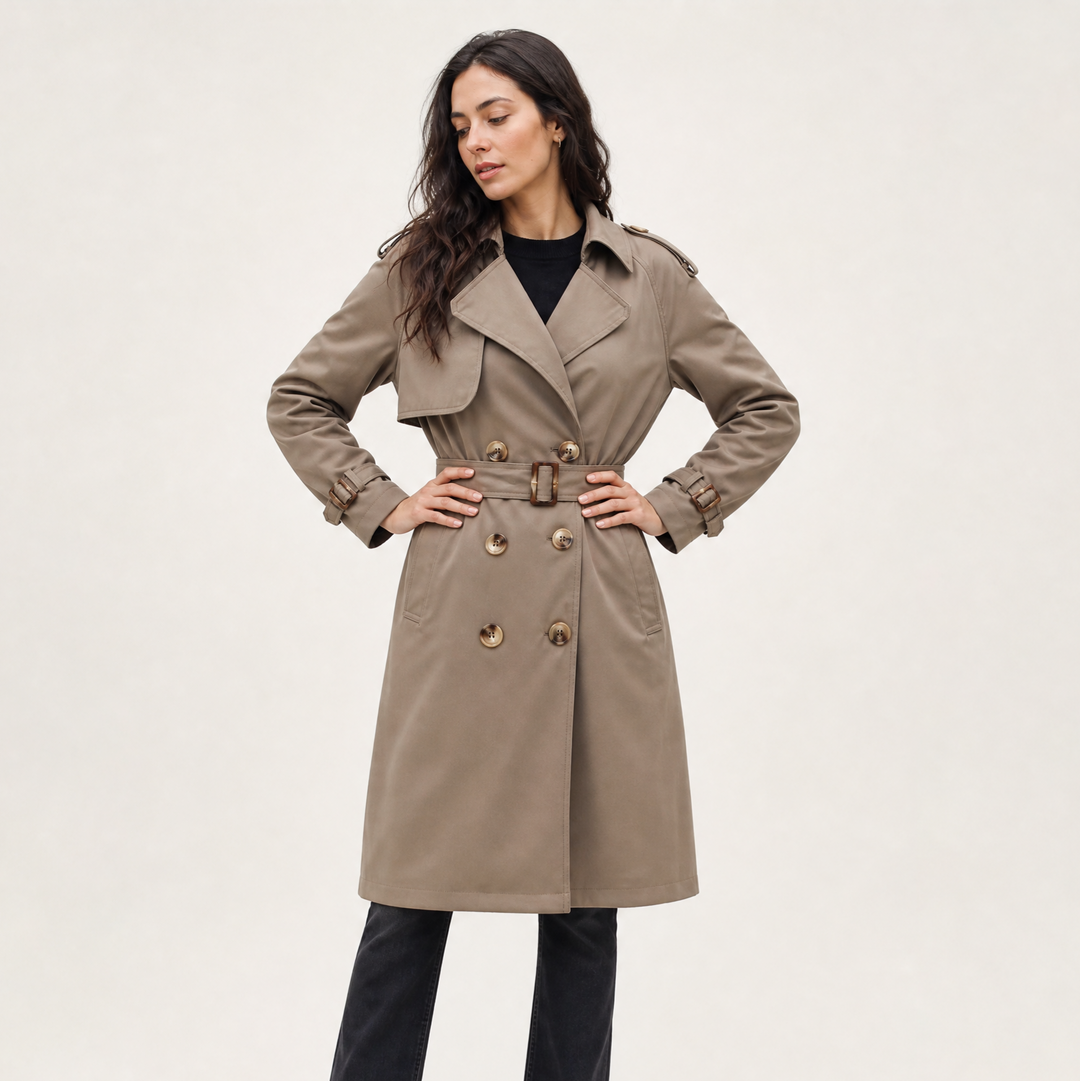 Women's Belted Trench Coat with Wide Notched Lapels