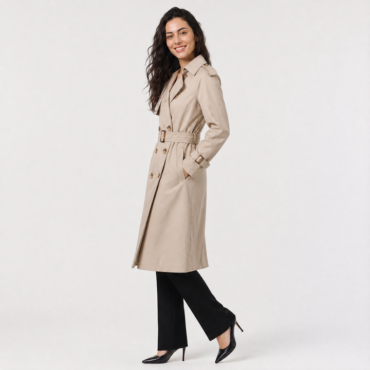 Women's Belted Trench Coat with Wide Notched Lapels
