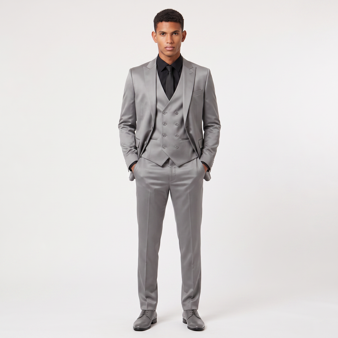 Men's Slim Fit Three-Piece Suit with Double-Breasted Waistcoat