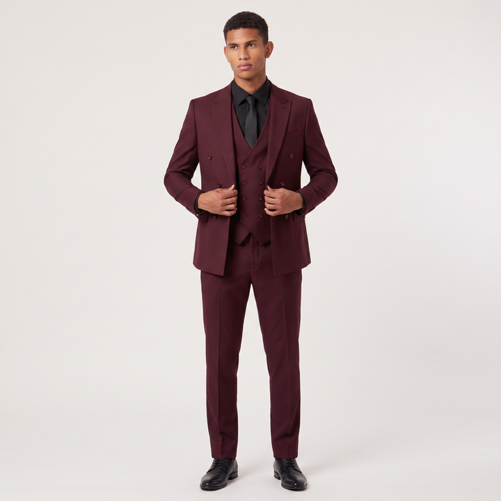 Men's Slim Fit Three-Piece Suit with Double-Breasted Waistcoat