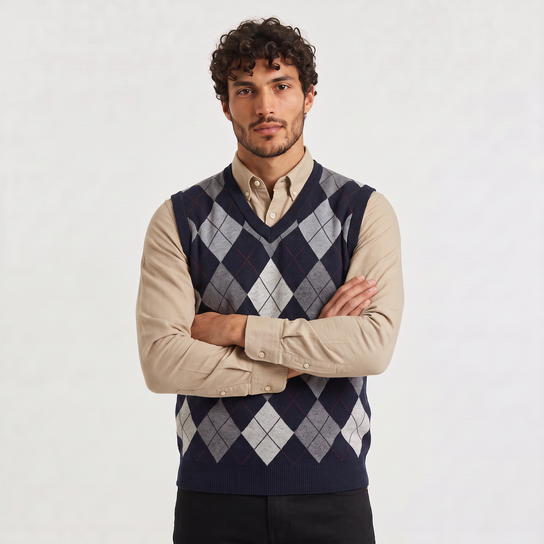 Men's Argyle V-Neck Sweater Vest with Ribbed Trims