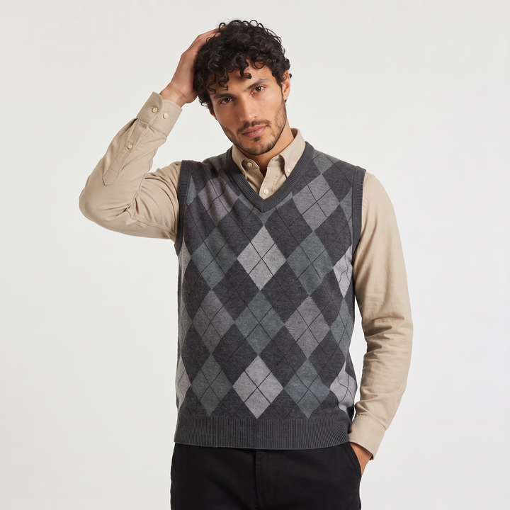Men's Argyle V-Neck Sweater Vest with Ribbed Trims