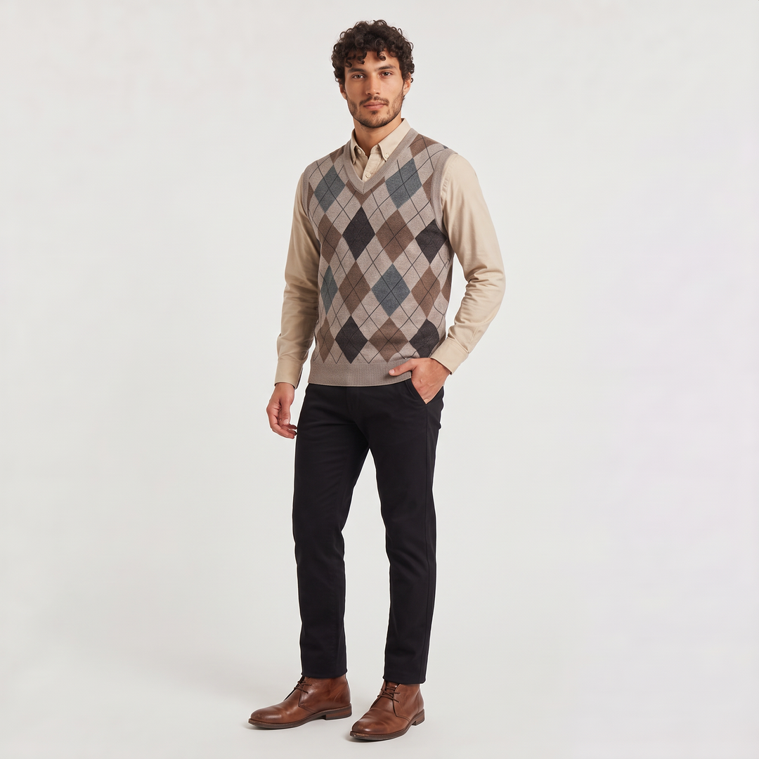 Men's Argyle V-Neck Sweater Vest with Ribbed Trims