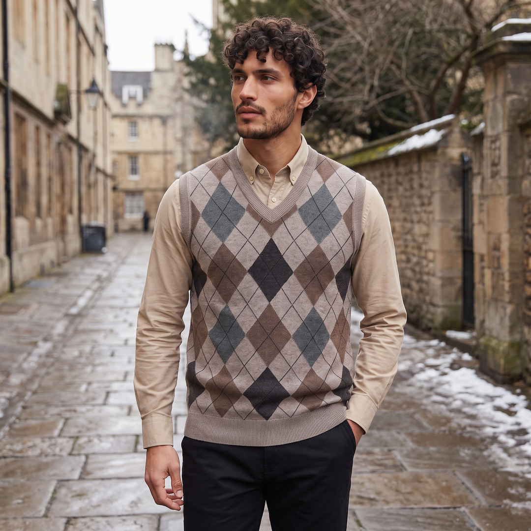 Men's Argyle V-Neck Sweater Vest with Ribbed Trims