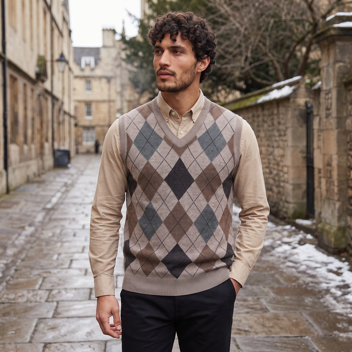 Men's Argyle V-Neck Sweater Vest with Ribbed Trims