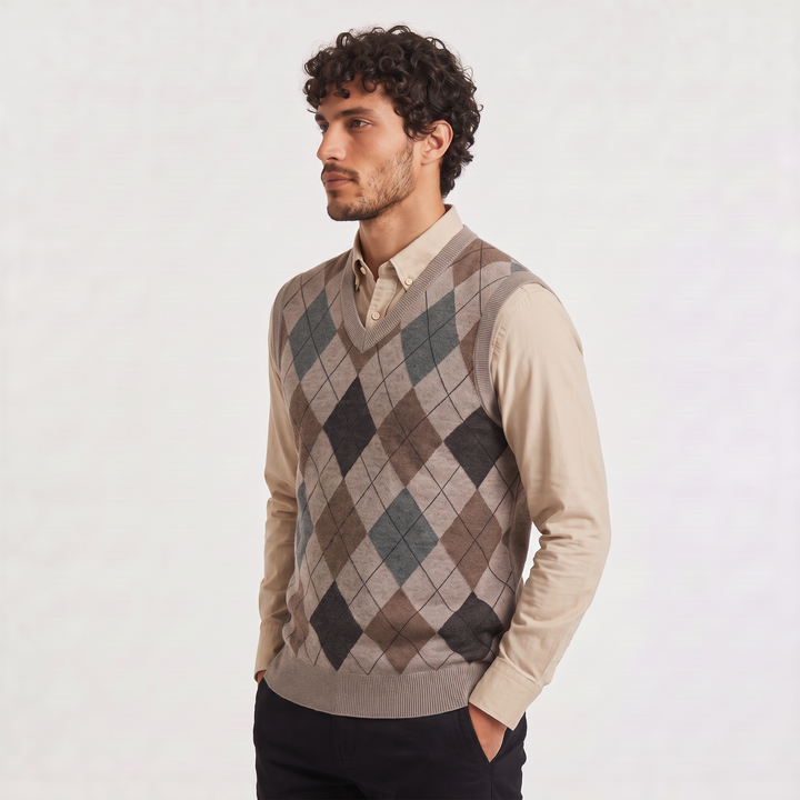 Men's Argyle V-Neck Sweater Vest with Ribbed Trims