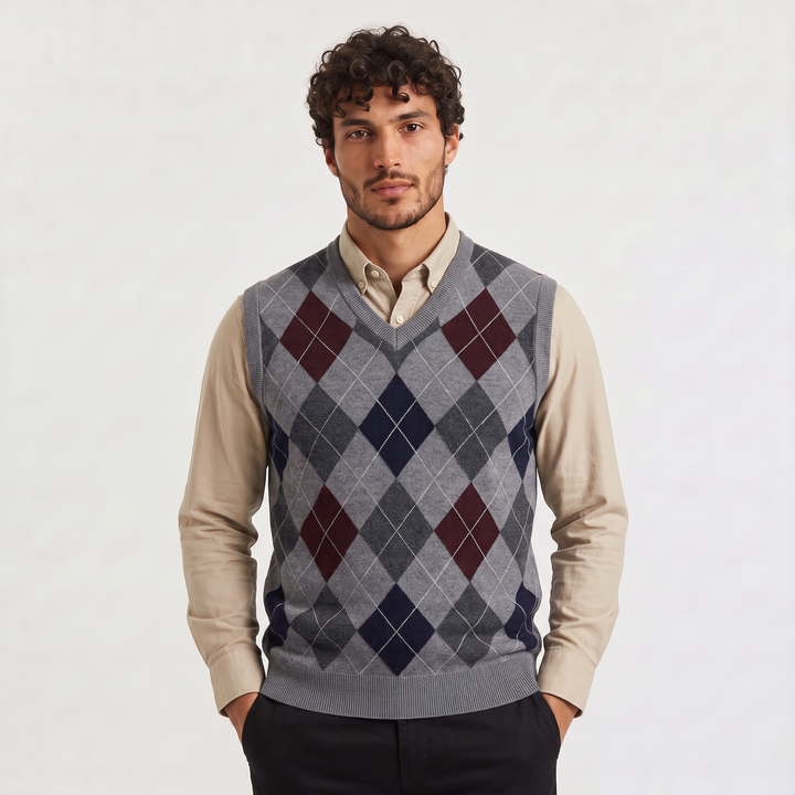 Men's Argyle V-Neck Sweater Vest with Ribbed Trims