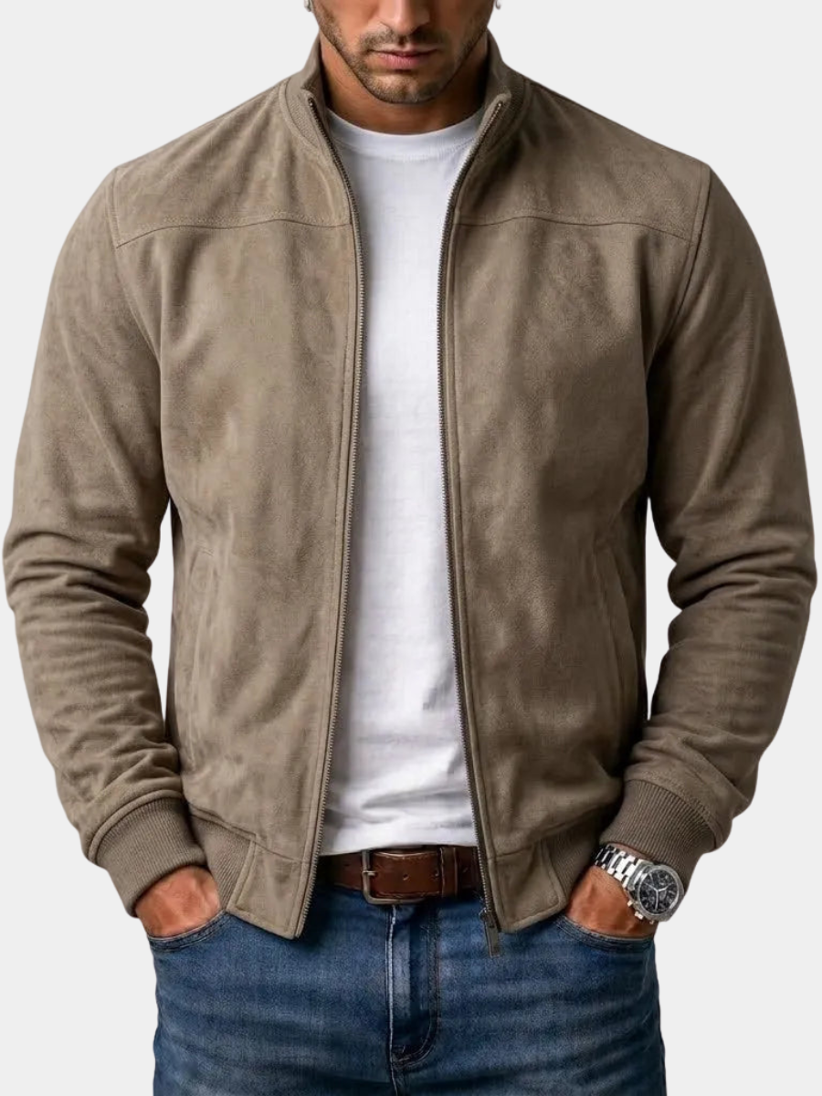 Men's Suede Bomber Jacket with Ribbed Cuffs