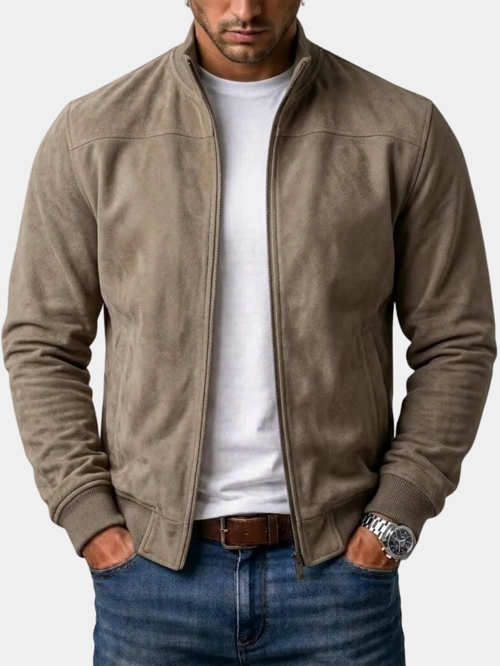 Men's Suede Bomber Jacket with Ribbed Cuffs