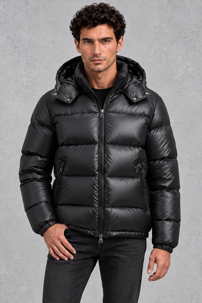 Men's Hooded Puffer Jacket with Glossy Finish