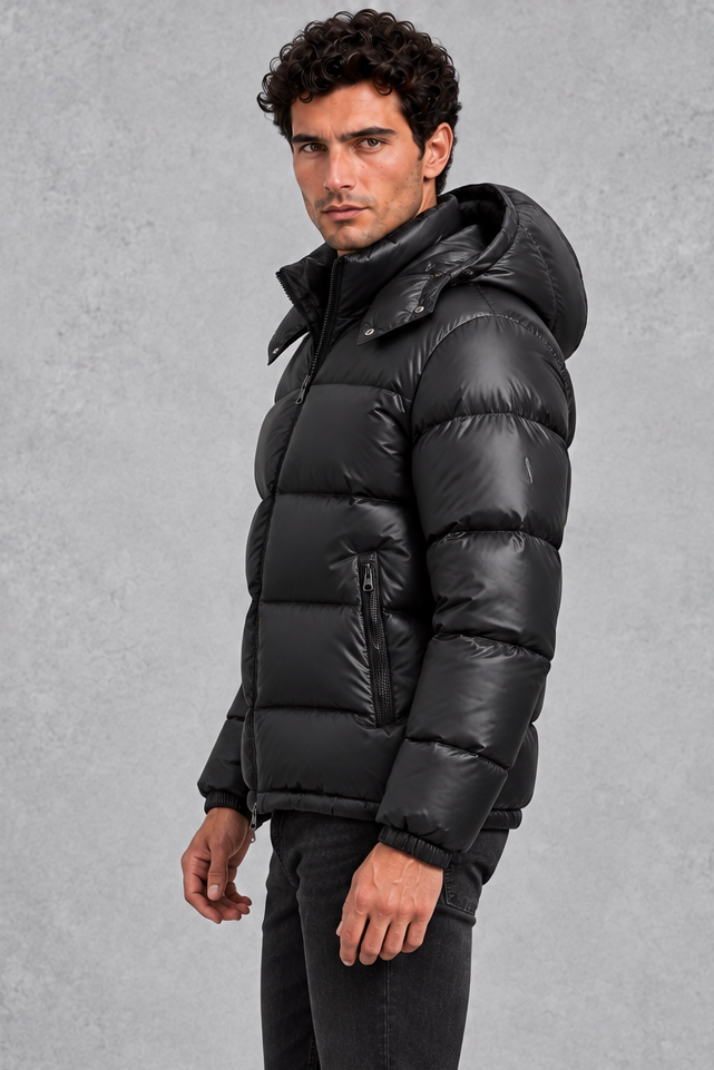 Men's Hooded Puffer Jacket with Glossy Finish