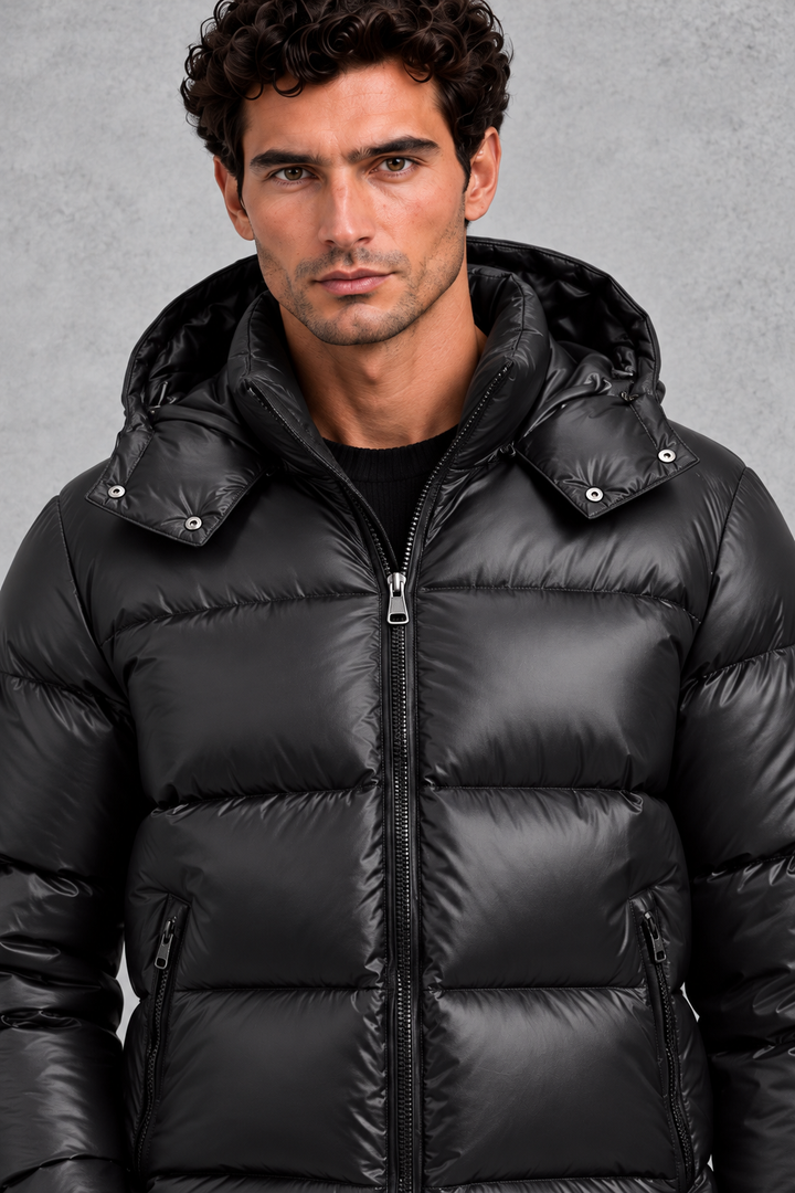 Men's Hooded Puffer Jacket with Glossy Finish