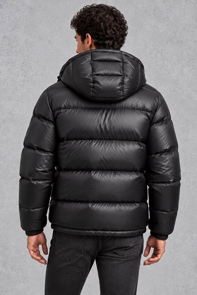 Men's Hooded Puffer Jacket with Glossy Finish
