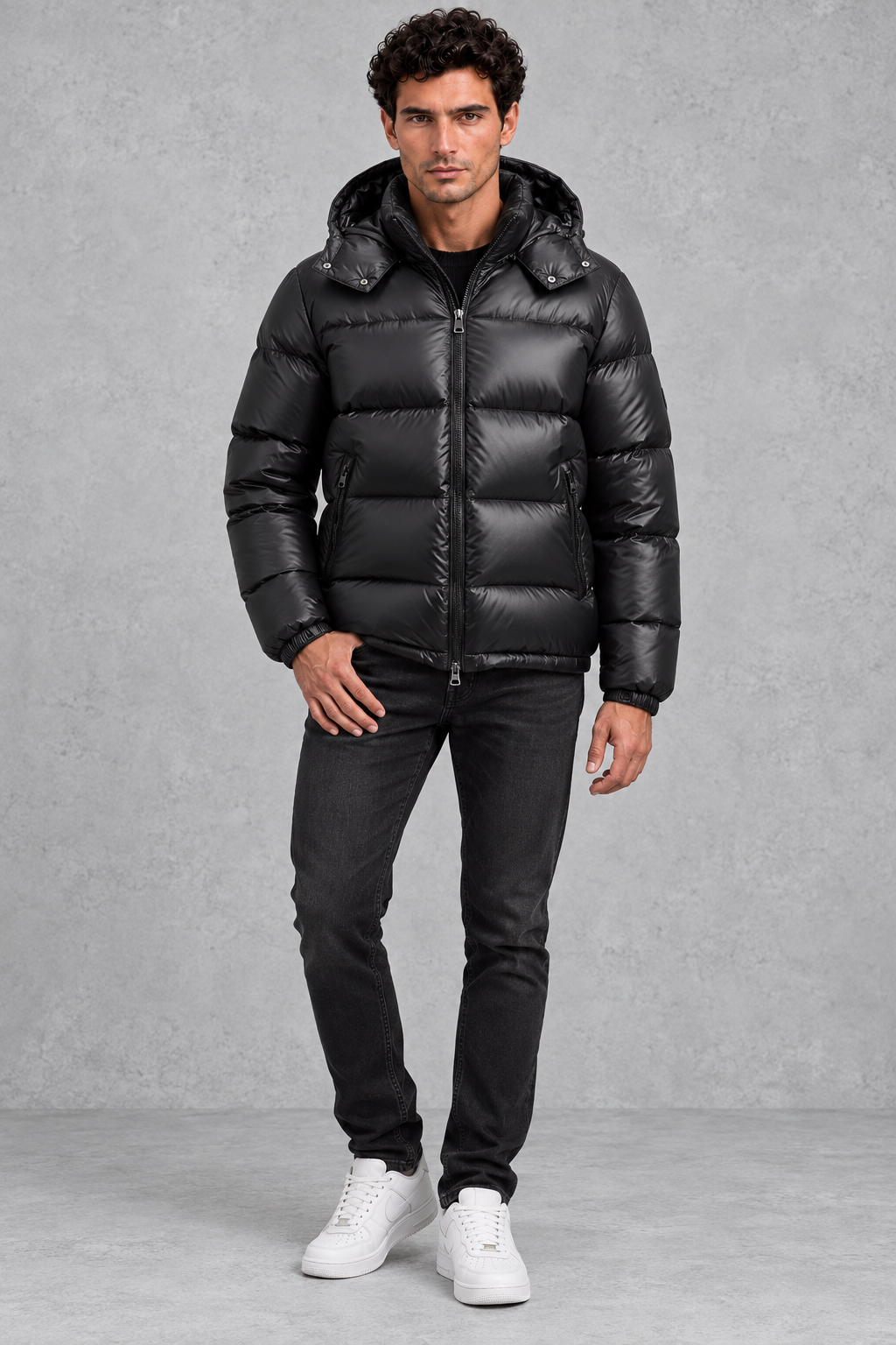 Men's Hooded Puffer Jacket with Glossy Finish