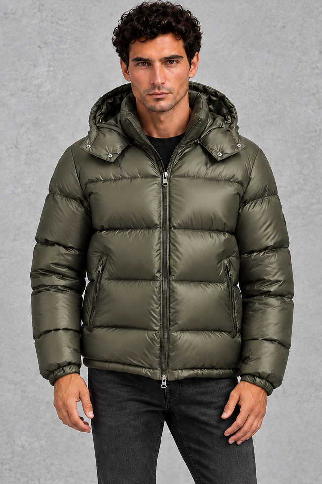 Men's Hooded Puffer Jacket with Glossy Finish