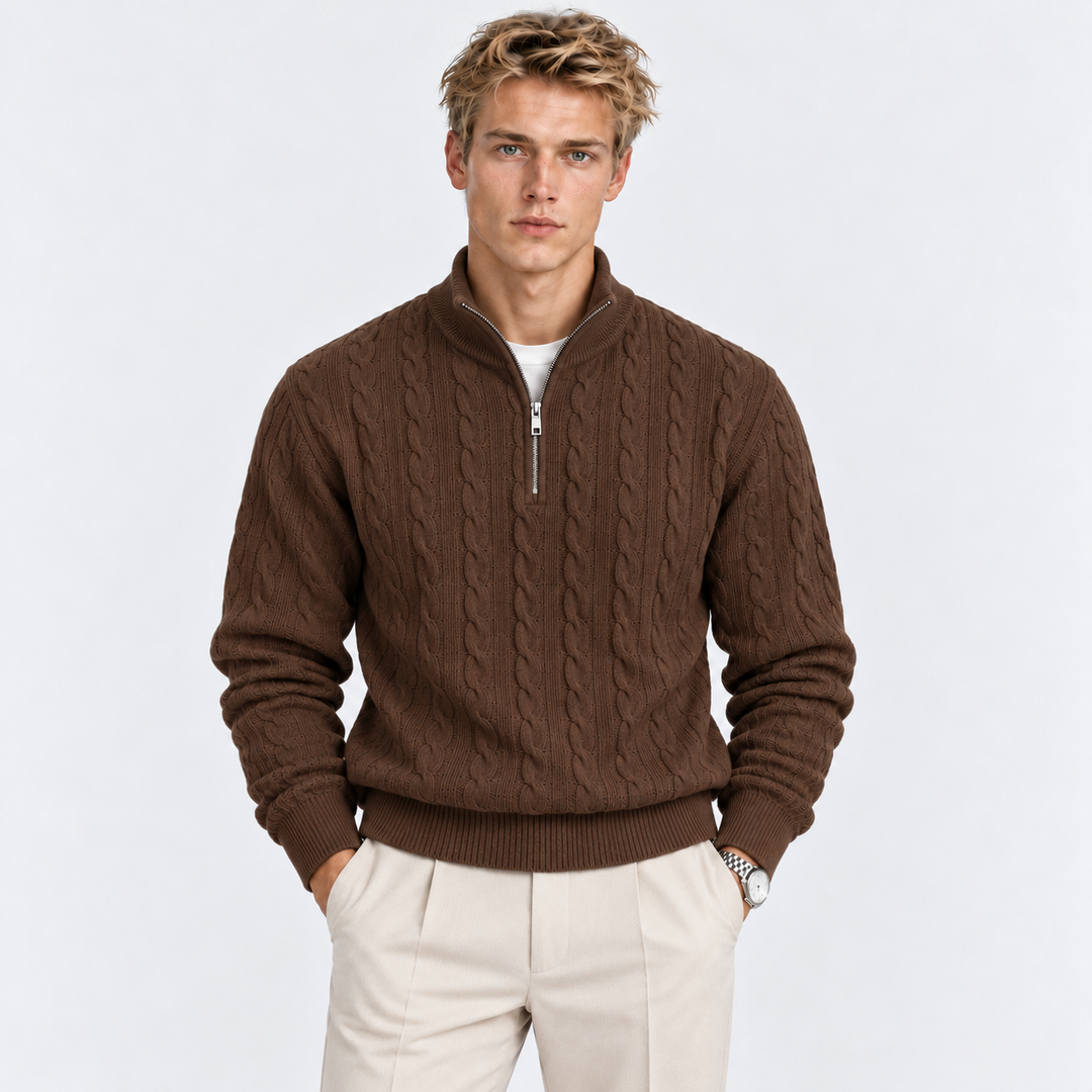 Men's Cable Knit Quarter-Zip Sweater with Ribbed Collar