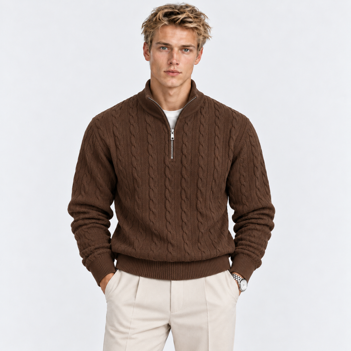 Men's Cable Knit Quarter-Zip Sweater with Ribbed Collar