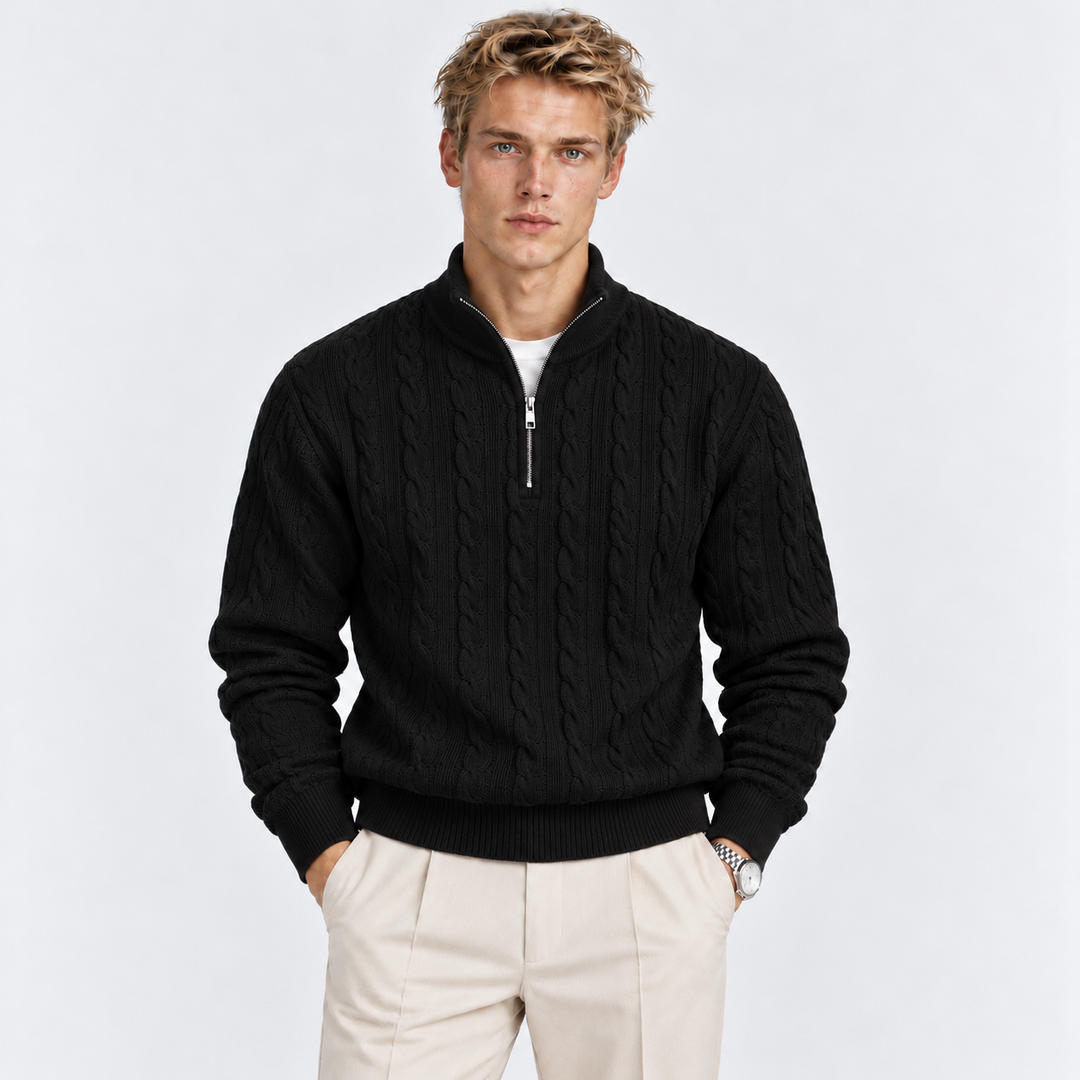 Men's Cable Knit Quarter-Zip Sweater with Ribbed Collar