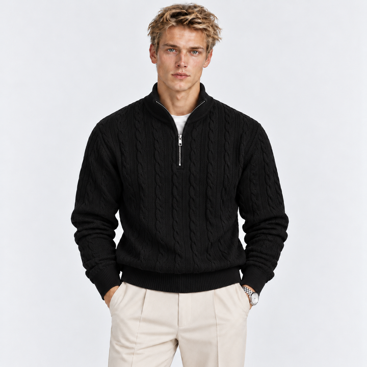Men's Cable Knit Quarter-Zip Sweater with Ribbed Collar