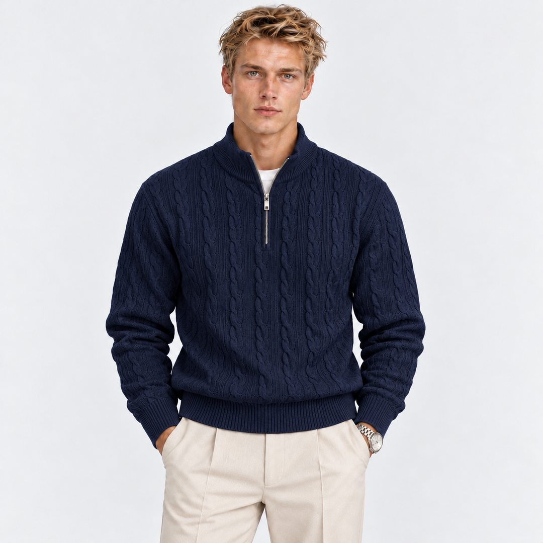 Men's Cable Knit Quarter-Zip Sweater with Ribbed Collar