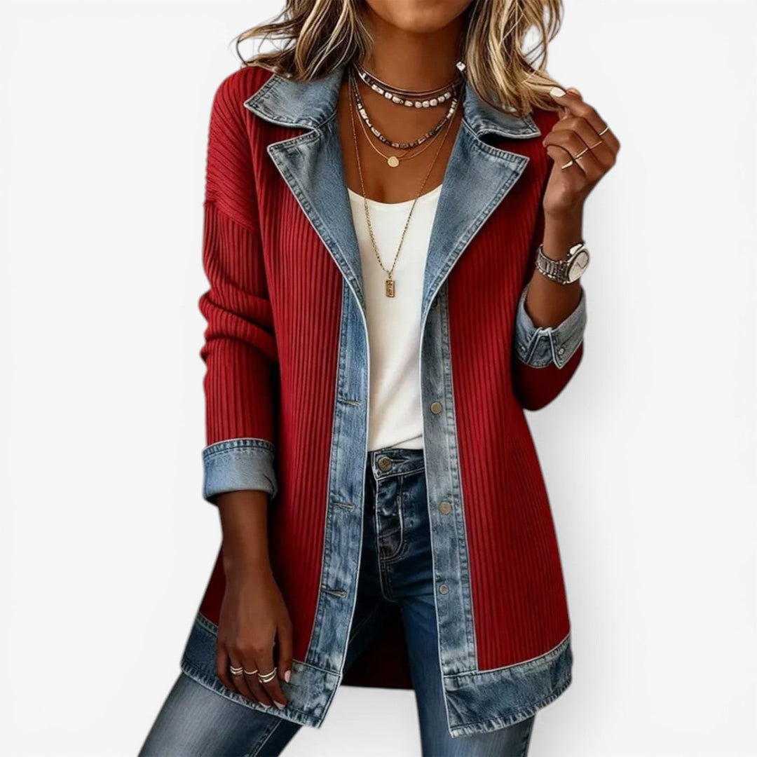 Women's Knit Jacket with Denim Trim Collar