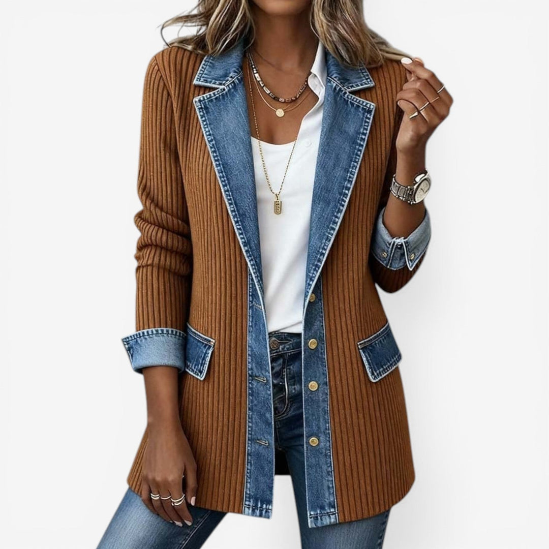 Women's Knit Jacket with Denim Trim Collar