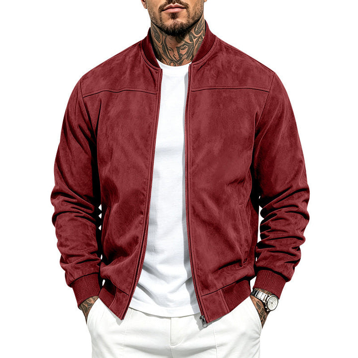 Men's Suede Bomber Jacket with Ribbed Cuffs