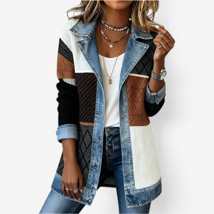 Women's Knit Jacket with Denim Contrast Collar
