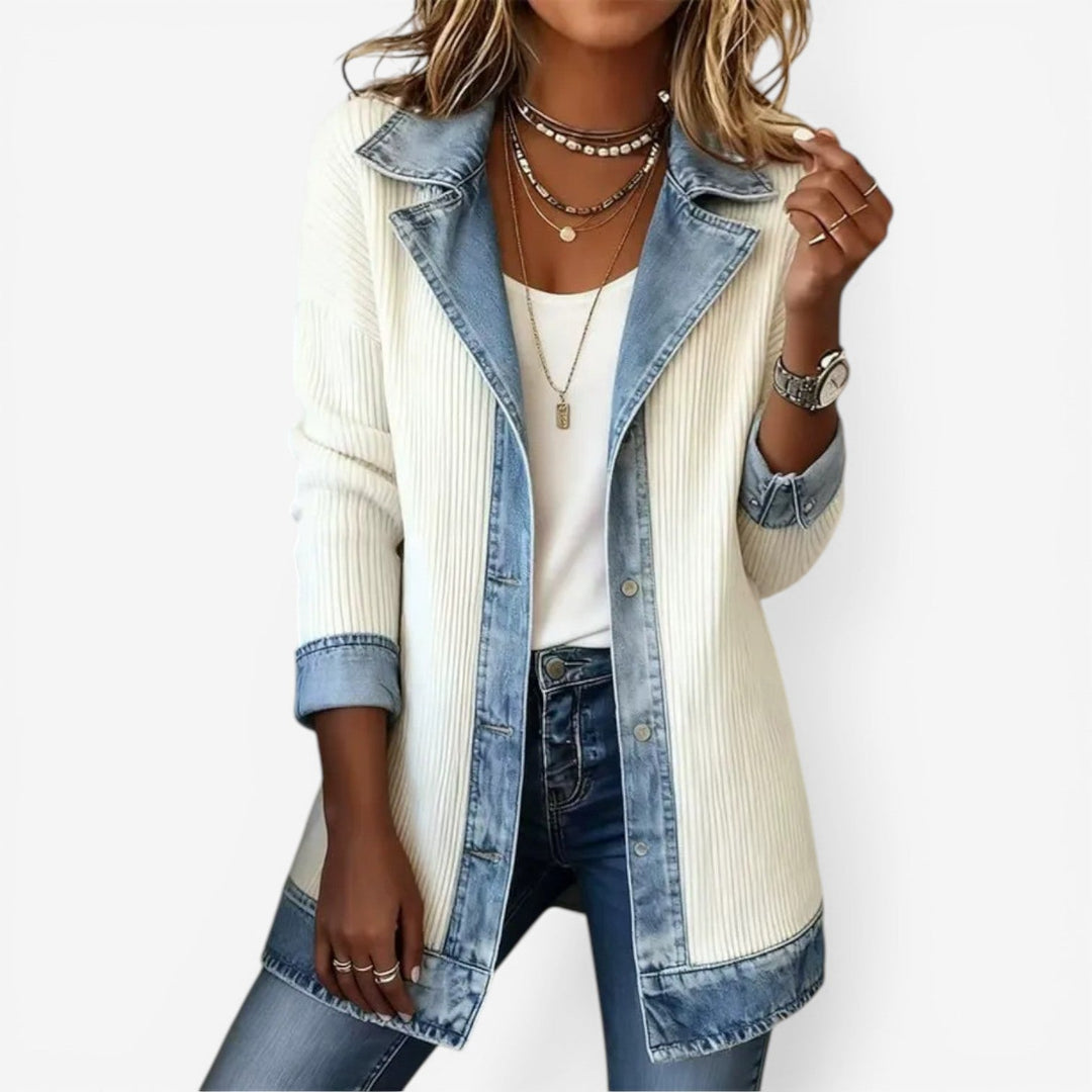 Women's Knit Jacket with Denim Contrast Collar