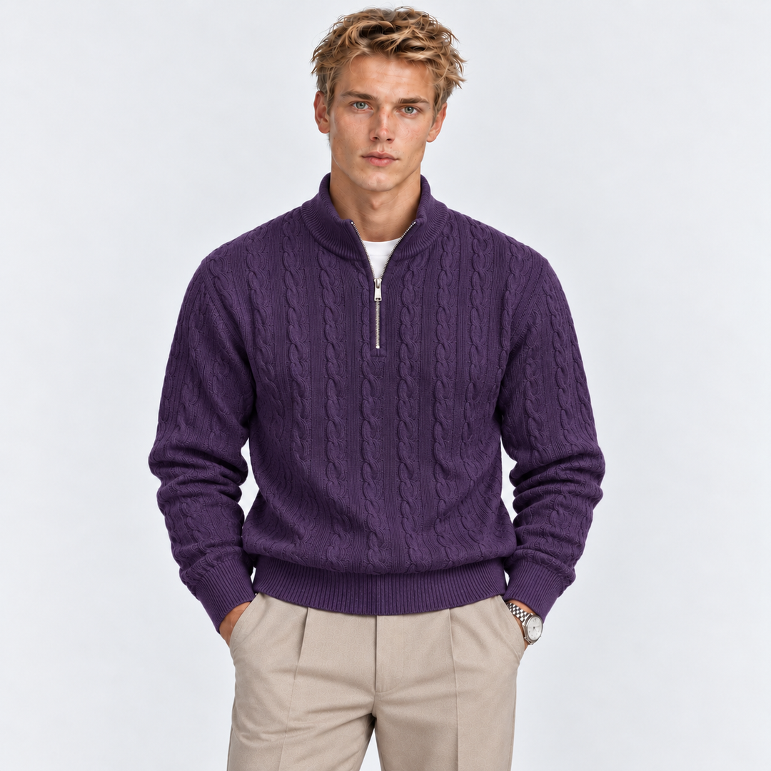 Men's Cable Knit Quarter-Zip Sweater with Ribbed Collar