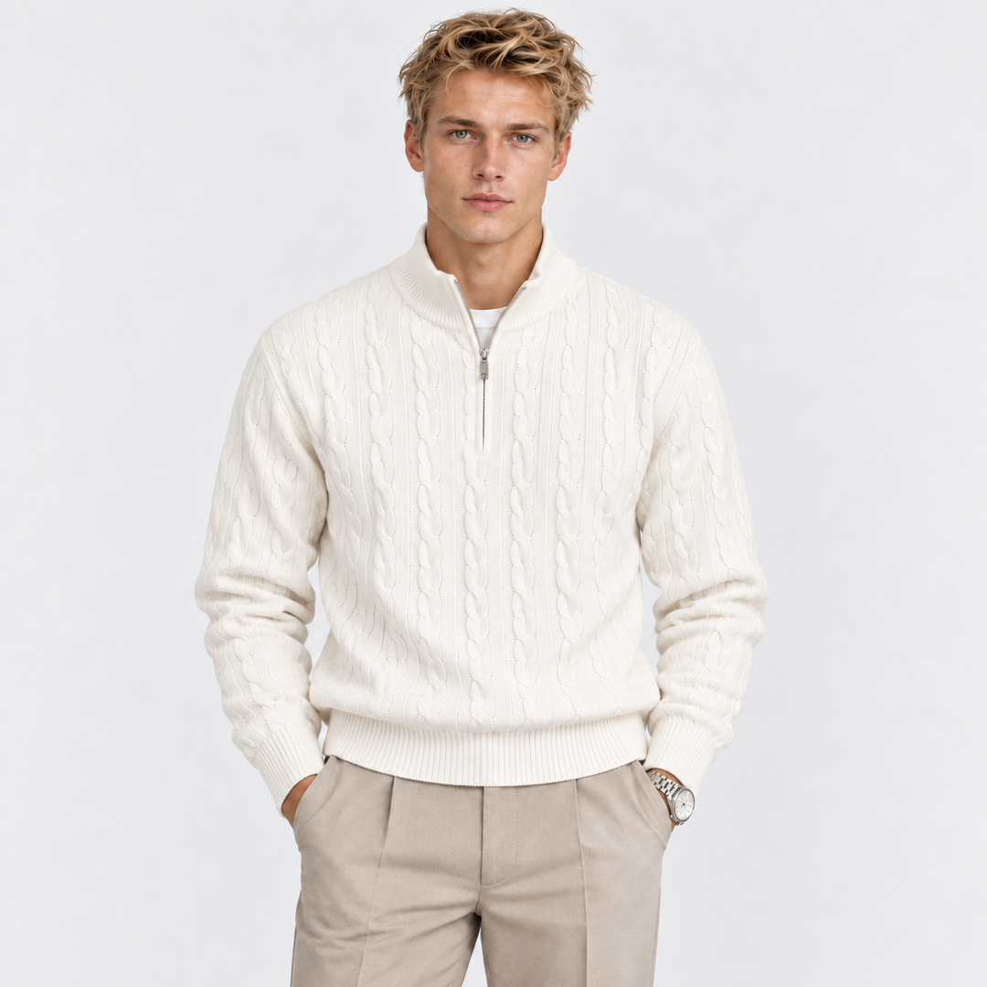 Men's Cable Knit Quarter-Zip Sweater with Ribbed Collar
