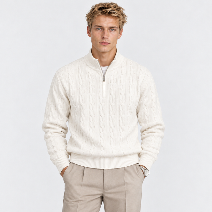 Men's Cable Knit Quarter-Zip Sweater with Ribbed Collar