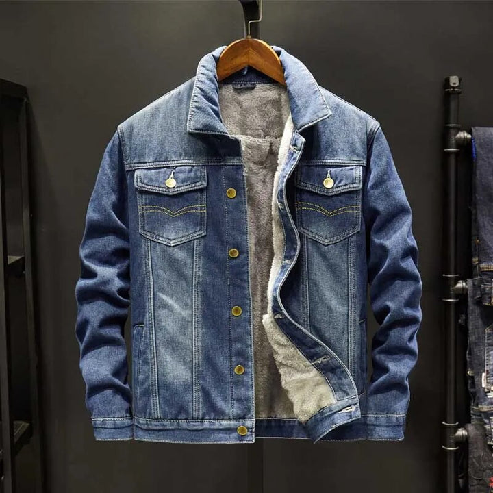 Men's Fleece-Lined Denim Jacket with Multiple Interior Pockets