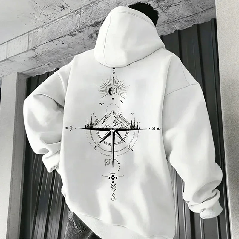 Men's Fleece Hoodie with Compass Graphic Print