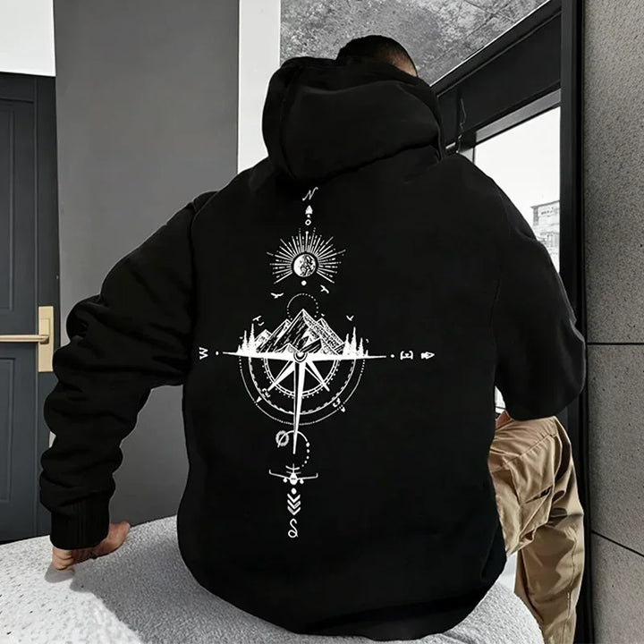 Men's Fleece Hoodie with Compass Graphic Print