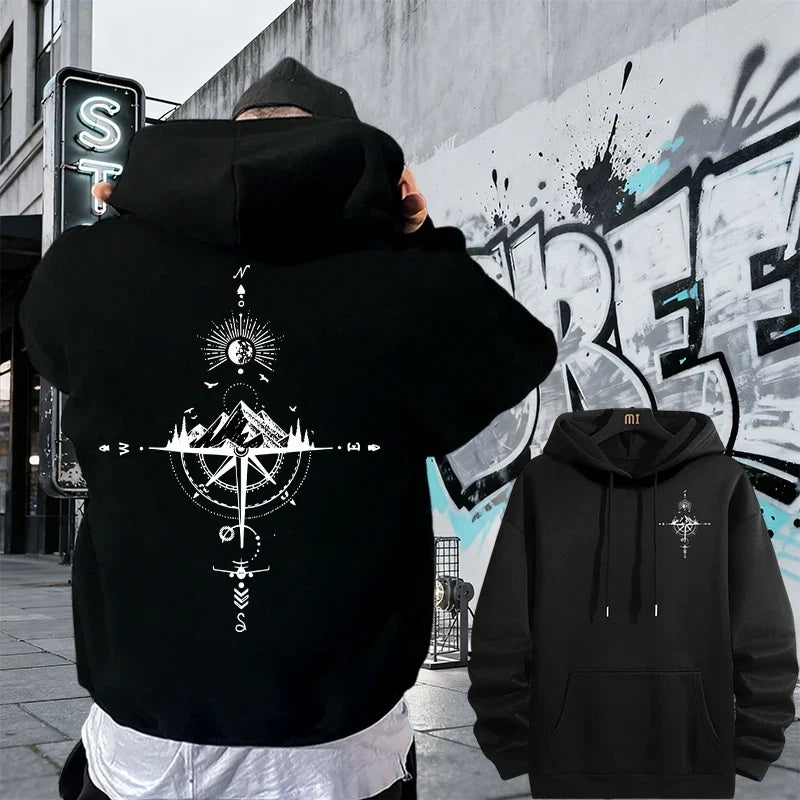 Men's Fleece Hoodie with Compass Graphic Print