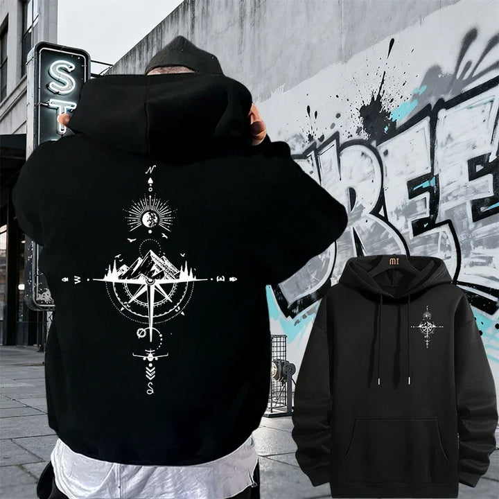 Men's Fleece Hoodie with Compass Graphic Print