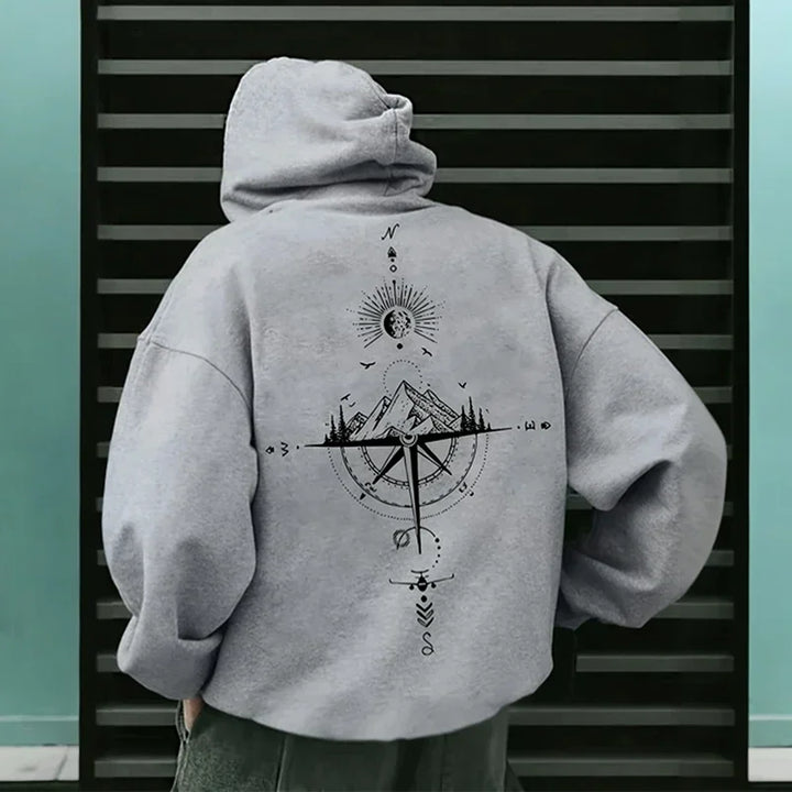 Men's Fleece Hoodie with Compass Graphic Print