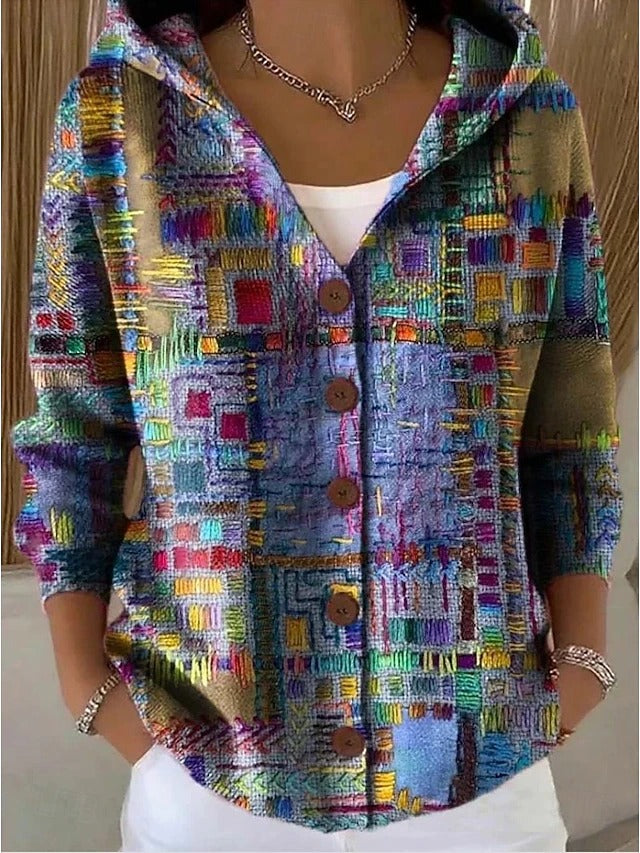 Women's Button-Front Hooded Cardigan with Vintage Print