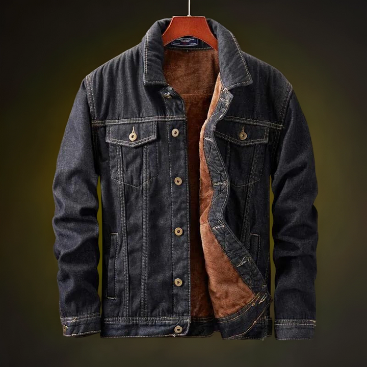 Men's Fleece-Lined Denim Jacket with Multiple Interior Pockets